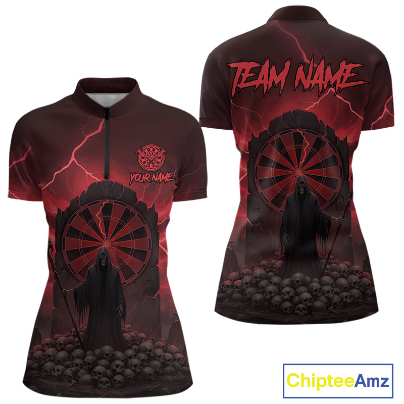 Custom Multi-Skull Lightning Red Dartboard Dart Women Quarter-Zip Jerseys Grim Reaper Dart Shirts NYN1736