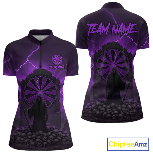 Custom Multi-Skull Lightning Purple Dartboard Dart Women Quarter-Zip Jerseys Grim Reaper Dart Shirts NYN1737