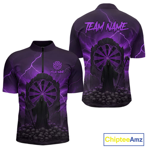 Custom Multi-Skull Lightning Purple Dartboard Dart Men Quarter-Zip Jerseys Grim Reaper Dart Shirts NYN1737