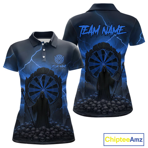 Custom Multi-Skull Lightning Blue Dartboard Dart Women Polo Jerseys Grim Reaper Dart Shirts NYN1738
