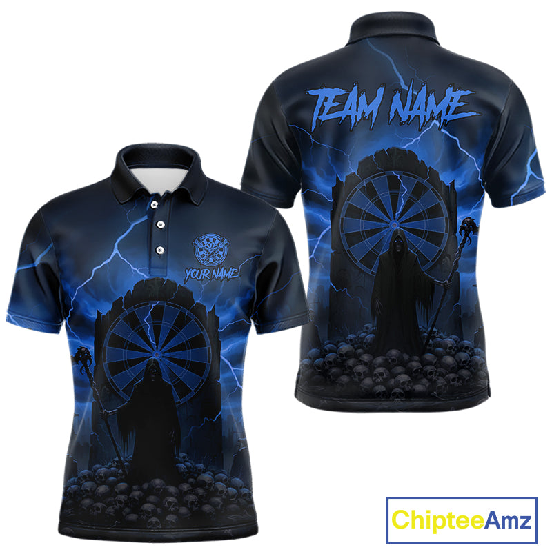 Custom Multi-Skull Lightning Blue Dartboard Dart Men Polo Jerseys Grim Reaper Dart Shirts NYN1738