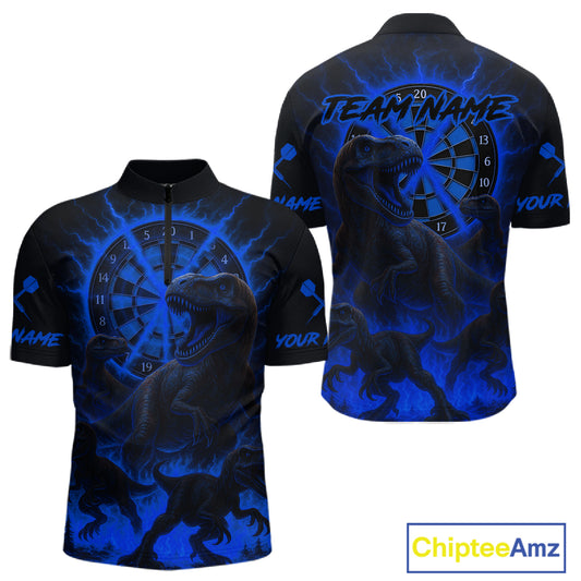 Custom Blue Flaming Dinosaurs Dartboard Quarter-Zip Dart Shirt For Men Dinosaur Dart Jerseys NYN2007