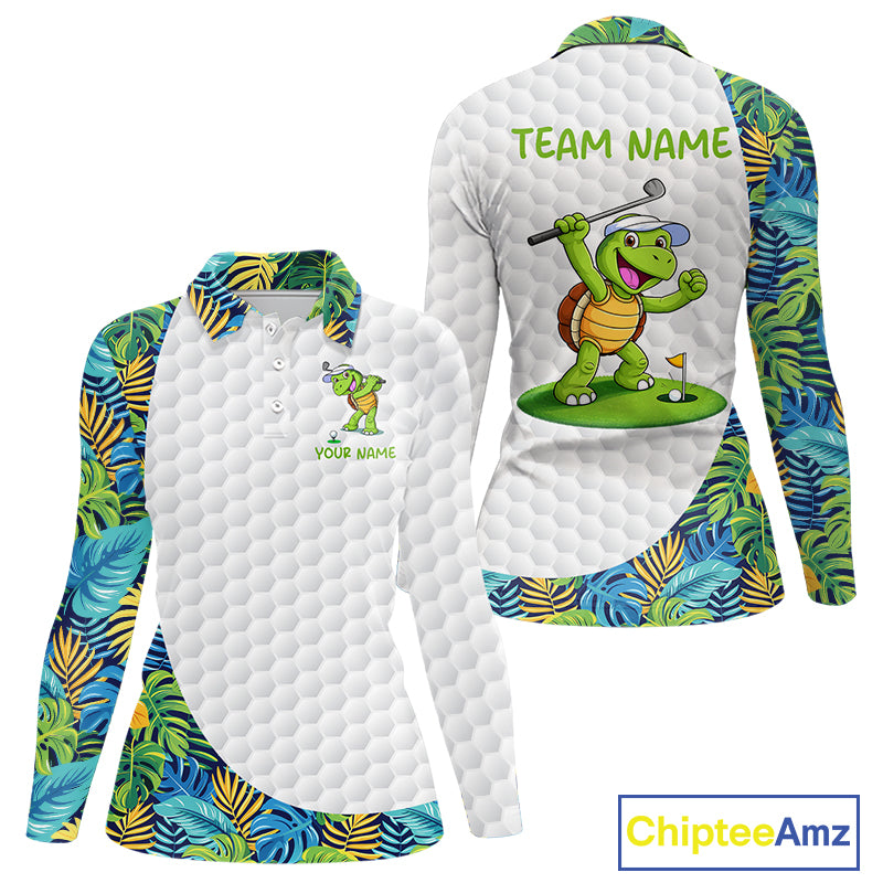 Golfing Turtle Womens Golf Polo Shirt Custom Tropical Pattern Monstera Golf Team Shirts NYN2907