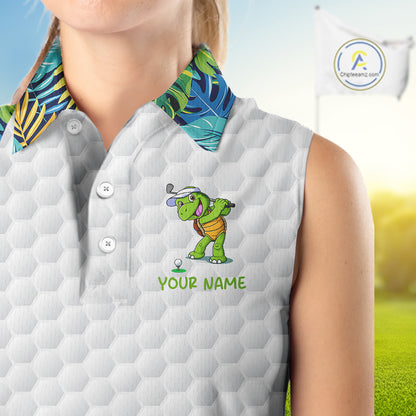 Golfing Turtle Womens Sleeveless Golf Polo Shirt Custom Tropical Pattern Monstera Golf Team Shirts NYN2907