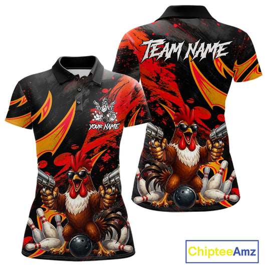 Red And Yellow Rooster Gun Women Bowling Polo Shirt Custom Funny Cute Bowling Team Outfits