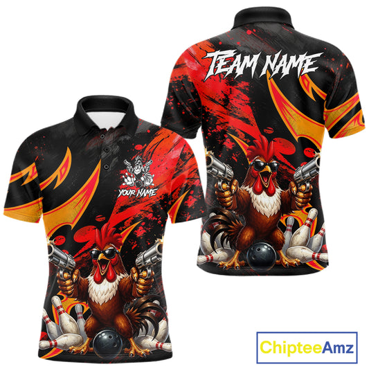 Rooster Gun Men Bowling Polo Shirt Custom Funny Cute Bowling Team Outfits