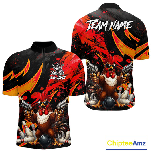 Red And Yellow Rooster Gun Men Bowling 1/4-Zip Shirt Custom Funny Cute Bowling Team Outfits