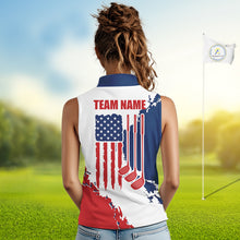 Load image into Gallery viewer, Female golfer wearing American flag golf polo shirt, patriotic golf clothing, custom women's golf apparel