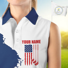 Load image into Gallery viewer, Female golfer wearing American flag golf polo shirt, patriotic golf clothing, custom women's golf apparel