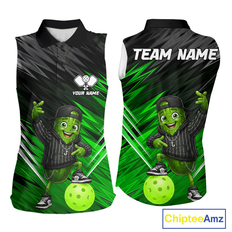 Green & Black Funny Pickle Hip-Hop Women's Pickleball Sleeveless Polo, Personalized Streetwear Pickle Polo, Urban Athletic Apparel, Fun Paddle Sports Fashion