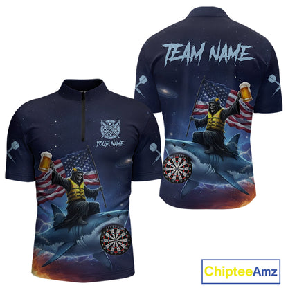 Funny Shark & Skull US Flag Dartboard Custom Men Quarter-Zip Darts Shirt Dart Jersey NYN2020