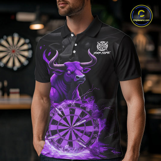 Purple Funny Bull Fire Flame Dartboard Custom Men Darts Polo League Shirts Dart Jerseys NYN2243