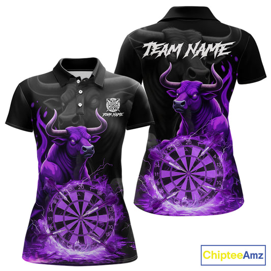 Purple Funny Bull Fire Flame Dartboard Custom Women Darts Polo League Shirts Dart Jerseys NYN2243