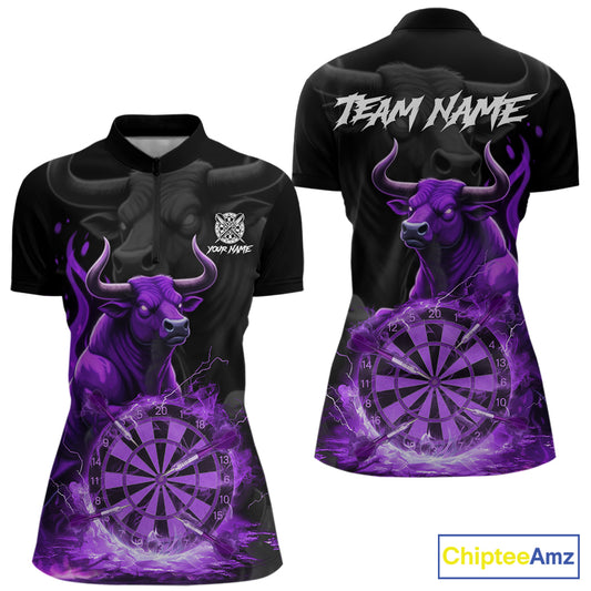 Purple Funny Bull Fire Flame Dartboard Custom Women Darts Quarter-Zip League Shirts Dart Jerseys NYN2243