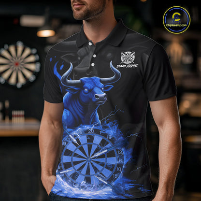 Blue Funny Bull Fire Flame Dartboard Custom Men Darts Polo League Shirts Dart Jerseys NYN2245