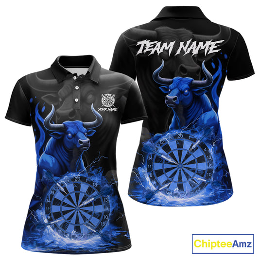 Blue Funny Bull Fire Flame Dartboard Custom Women Darts Polo League Shirts Dart Jerseys NYN2245
