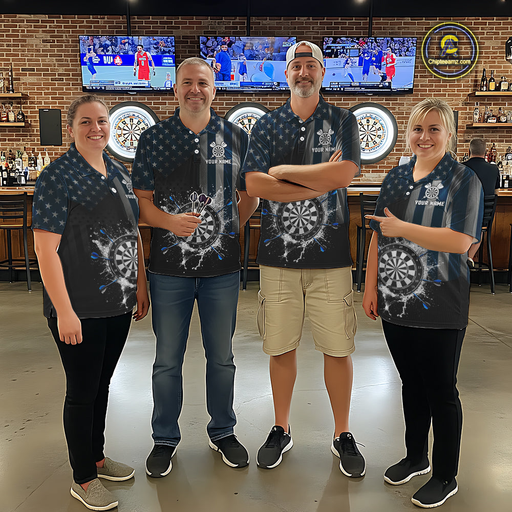 Custom Blue US Flag Water Dartboard Men Darts Polo League Shirts Patriotic Dart Jerseys NYN2246