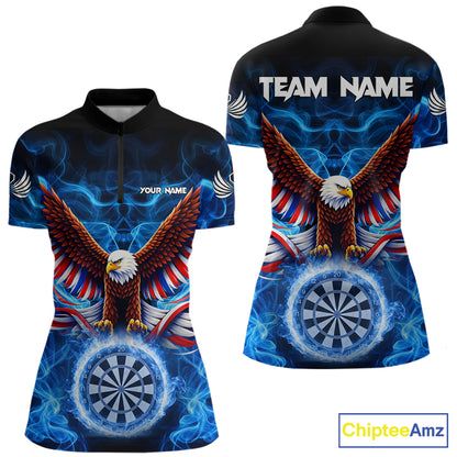 Blue Flames US Flag Eagle Freedom Darts 1/4-Zip Shirt Personalized Patriotic Women Dart Team Jerseys NYN2538