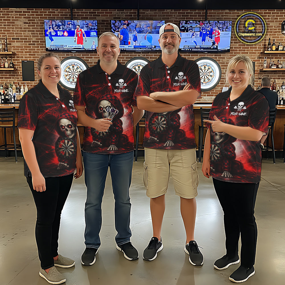 Black & Red Grunge Light Caro Skeleton Men Darts Polo Shirt Custom Funny Dart Team Jerseys NYN2539