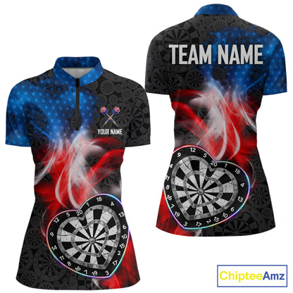Smoke US Flag Colorful Heart Dartboard Women Darts Valentine Shirt Custom Dart 1/4-Zip Couple Gifts NYN2544
