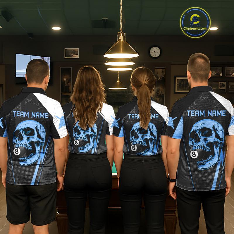 Black And Blue Grunge Skull 8 Ball Billiard Pool Shirts For Women Custom Skull Billiard Team Apparel NYN3299