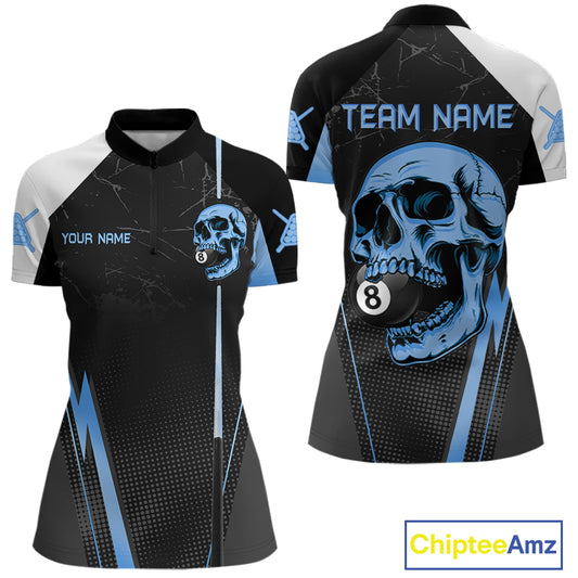 Black and blue skull 8 ball billiard pool 1/4-zip shirt for women custom apparel