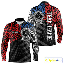 Load image into Gallery viewer, Men's American flag tribal golf long sleeves polo shirt, red blue white golf apparel, patriotic golf shirt, tribal golf team uniform