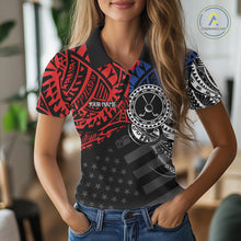 Load image into Gallery viewer, Female golfer wearing American flag tribal golf polo shirt, patriotic golf apparel, women's golf tournament outfit