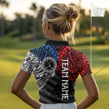 Load image into Gallery viewer, Female golfer wearing American flag tribal golf polo shirt, patriotic golf apparel, women's golf tournament outfit