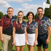 Load image into Gallery viewer, Men women golf team wearing matching tribal American flag golf polo shirts, custom golf uniforms, patriotic golf apparel