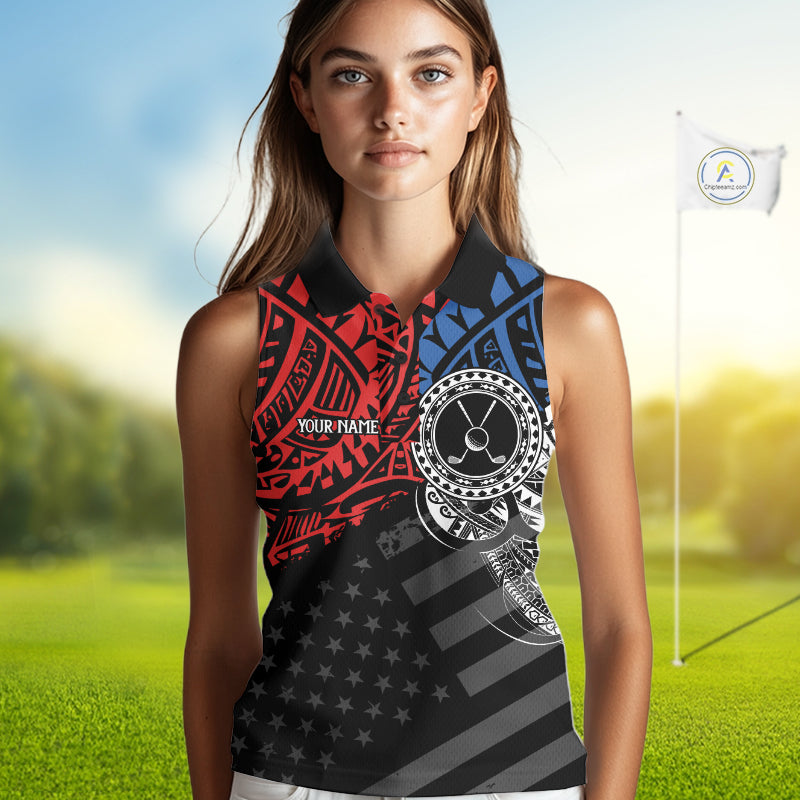 Female golfer wearing American flag tribal golf polo shirt, patriotic golf apparel, women's golf tournament outfit