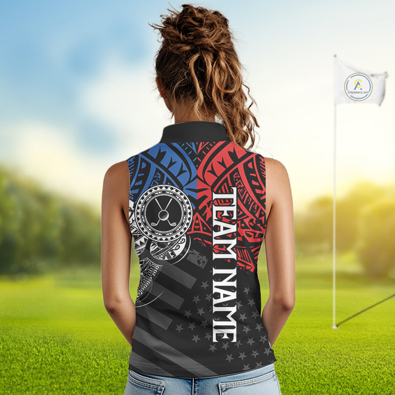 Female golfer wearing American flag tribal golf polo shirt, patriotic golf apparel, women's golf tournament outfit