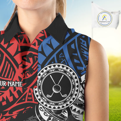 Female golfer wearing American flag tribal golf polo shirt, patriotic golf apparel, women's golf tournament outfit