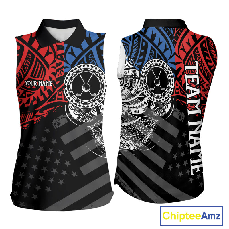 Women's American flag tribal golf polo shirt, red blue white golf apparel, patriotic golf shirt, tribal golf team uniform