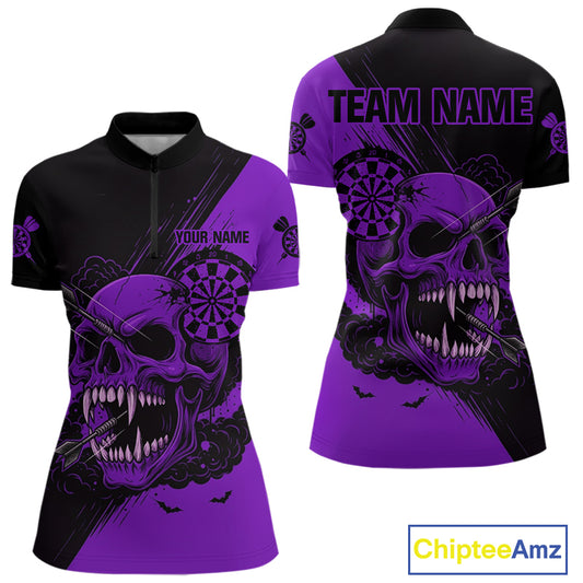 Custom Purple Horror Skull Smokes Dartboard Women Quarter-Zip Dart Shirt Grunge Dart Jerseys NYN2029