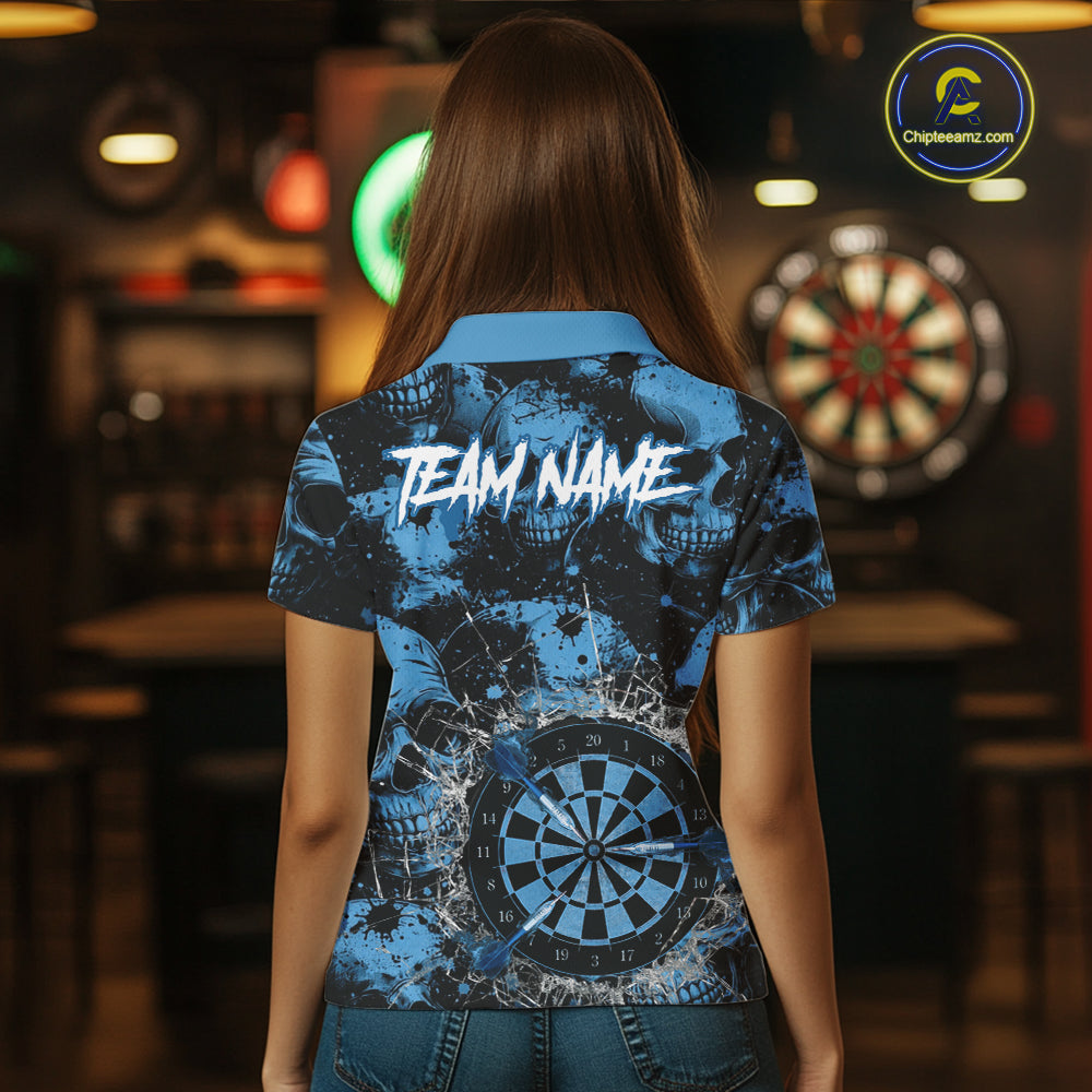 Blue Grunge Skull Cracked Glass Dartboard Custom Women Darts Polo Shirts Dart Team Jerseys NYN2258