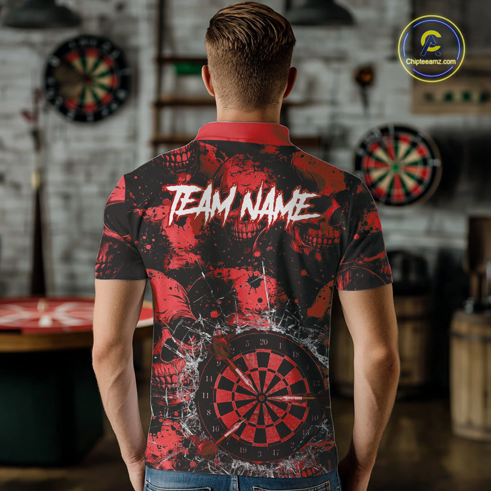 Red Grunge Skull Cracked Glass Dartboard Custom Men Darts Polo Shirts Dart Team Jerseys NYN2259