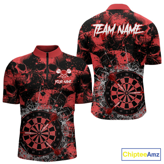 Red Grunge Skull Cracked Glass Dartboard Custom Men Darts Quarter-Zip Shirts Dart Team Jerseys NYN2259