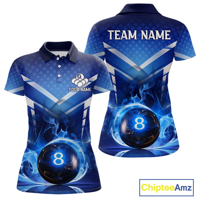 Personalized Blue & Silver Billiard 3D Shirts For Women Ball 8 Flame Billiard Jerseys For Gifts NYN2923