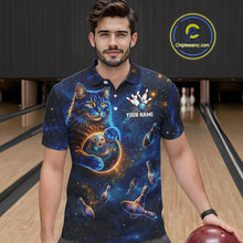 Load image into Gallery viewer, Custom Galaxy Blue Funny Cat Bowling Team Shirt Bowling Jersey Polo &amp; 1/4 Zip Bowling Unisex For Men NYN3123