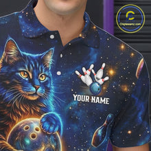 Load image into Gallery viewer, Custom Galaxy Blue Funny Cat Bowling Team Shirt Bowling Jersey Polo &amp; 1/4 Zip Bowling Unisex For Men NYN3123