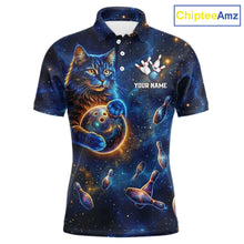 Load image into Gallery viewer, Custom Galaxy Blue Funny Cat Bowling Team Shirt Bowling Jersey Polo &amp; 1/4 Zip Bowling Unisex For Men NYN3123