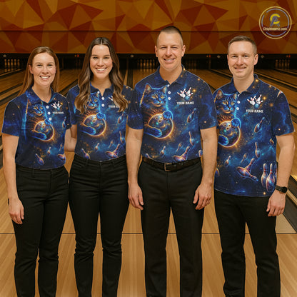 Custom Galaxy Blue Funny Cat Bowling Team Shirt Bowling Jersey Polo & 1/4 Zip Bowling Unisex For Women NYN3123