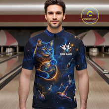 Load image into Gallery viewer, Custom Galaxy Blue Funny Cat Bowling Team Shirt Bowling Jersey Polo &amp; 1/4 Zip Bowling Unisex For Men NYN3123