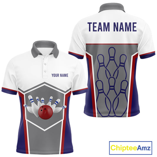 Red, Blue And Gray Bowling Pin Jerseys For Men Custom Bowling Polo 1/4-Zip Shirt, Gift For Bowlers NYN3125