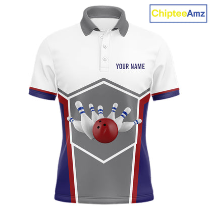 Red, Blue And Gray Bowling Pin Jerseys For Men Custom Bowling Polo 1/4-Zip Shirt, Gift For Bowlers NYN3125