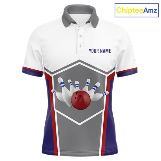 Red, Blue And Gray Bowling Pin Jerseys For Men Custom Bowling Polo 1/4-Zip Shirt, Gift For Bowlers NYN3125