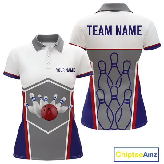 Red, Blue And Gray Bowling Pin Jerseys For Women Custom Bowling Polo 1/4-Zip Shirt, Gift For Bowlers NYN3125