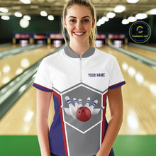 Load image into Gallery viewer, Red, Blue And Gray Bowling Pin Jerseys For Women Custom Bowling Polo 1/4-Zip Shirt, Gift For Bowlers NYN3125