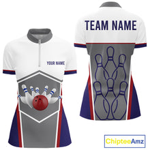 Load image into Gallery viewer, Red, Blue And Gray Bowling Pin Jerseys For Women Custom Bowling Polo 1/4-Zip Shirt, Gift For Bowlers NYN3125